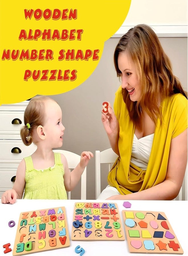 SHRBI 3 Pack Wooden Alphabet Number Shape ABC Name Puzzles Toys with Montessori Preschool Educational Gift Learning Letter Puzzles Toys - Image 2
